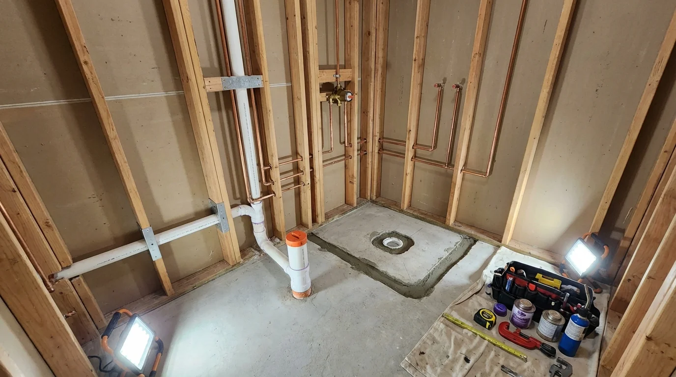 Bathroom rough-in plumbing during remodel by Johns Plumbing LLC in Cushing