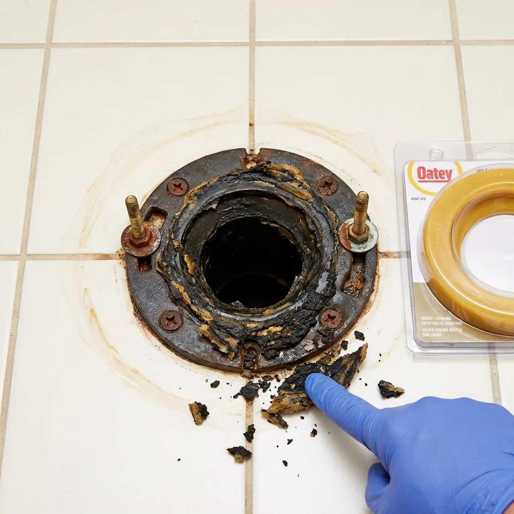 Failed wax ring showing water seepage at the base of a toilet in a Cushing, OK home
