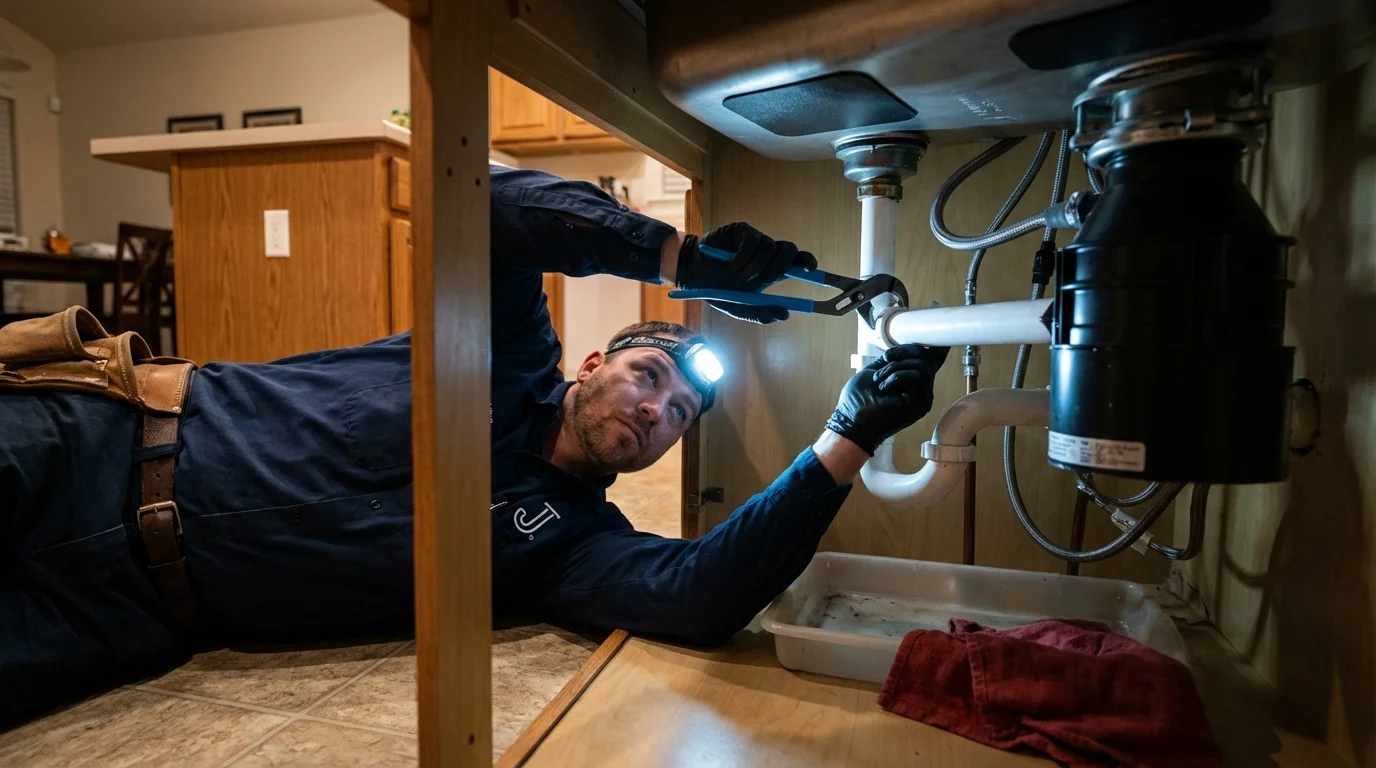 P-trap and supply line connections under a kitchen sink showing a common leak point in Cushing, OK